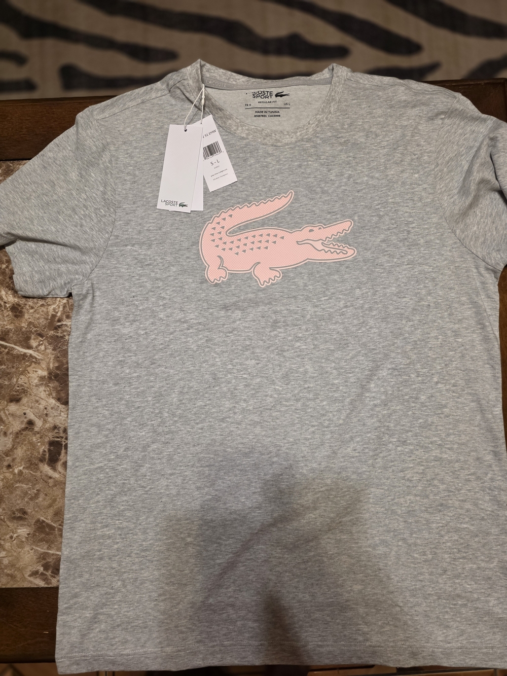 Lacoste Short-Sleeve Heather Gray Tee with Pink Crocodile Logo